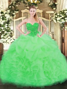 Noble Apple Green Organza Lace Up Sweetheart Sleeveless Floor Length Sweet 16 Dress Ruffles