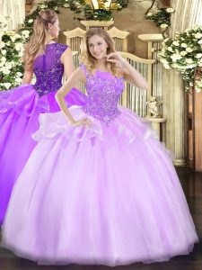 Amazing Lilac Organza Zipper Scoop Sleeveless Floor Length Quince Ball Gowns Beading