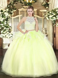 Suitable Floor Length Zipper Quinceanera Dresses Yellow Green for Military Ball and Sweet 16 and Quinceanera with Lace