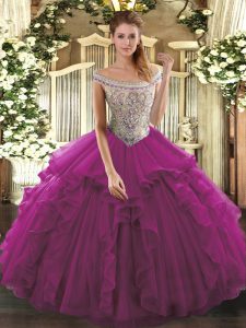 Cheap Fuchsia Organza Lace Up Quinceanera Gowns Sleeveless Floor Length Beading and Ruffles