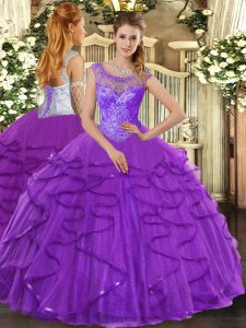Glorious Purple Sleeveless Beading and Ruffles Floor Length 15 Quinceanera Dress