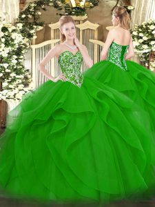 Sleeveless Tulle Floor Length Lace Up Quinceanera Dresses in Green with Beading and Ruffles
