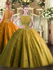 Chic Floor Length Brown Quince Ball Gowns Tulle Sleeveless Beading and Appliques