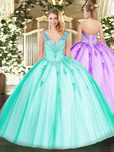 Turquoise Ball Gowns Beading Ball Gown Prom Dress Lace Up Organza and Tulle Sleeveless Floor Length