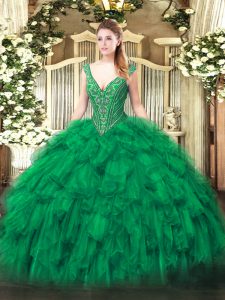 Superior Green V-neck Neckline Beading and Ruffles Quinceanera Gowns Sleeveless Lace Up