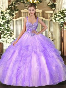 Fashion Lavender Sleeveless Beading and Ruffles Floor Length Quinceanera Gowns