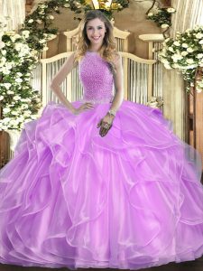 High-neck Sleeveless Quinceanera Dress Floor Length Beading and Ruffles Lilac Organza