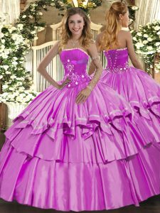 Floor Length Lilac Quince Ball Gowns Organza and Taffeta Sleeveless Beading and Ruffled Layers