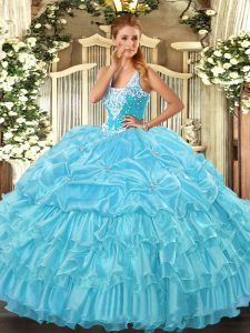 Fashionable Floor Length Aqua Blue Quinceanera Dresses Straps Sleeveless Lace Up