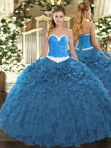 Elegant Blue Ball Gowns Organza Sweetheart Sleeveless Appliques and Ruffles Floor Length Lace Up Vestidos de Quinceanera