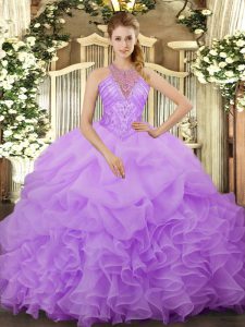 Best Floor Length Lavender Sweet 16 Dresses Organza Sleeveless Beading and Ruffles and Pick Ups
