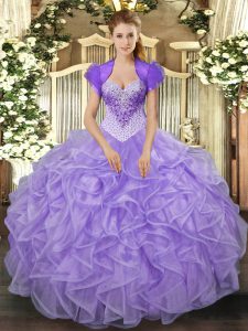 Floor Length Lace Up Sweet 16 Quinceanera Dress Lavender for Military Ball and Sweet 16 and Quinceanera with Beading and Ruffles