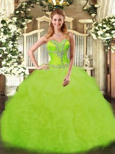 Floor Length Lace Up Quinceanera Dress Yellow Green for Sweet 16 and Quinceanera with Beading and Ruffles