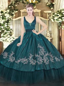 Teal Organza and Taffeta Zipper Straps Sleeveless Floor Length Vestidos de Quinceanera Beading and Embroidery
