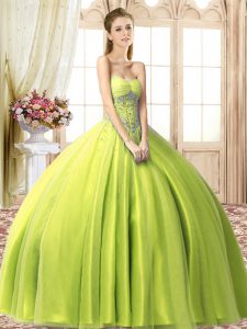 Trendy Yellow Green Tulle Lace Up Sweetheart Sleeveless Floor Length 15th Birthday Dress Beading