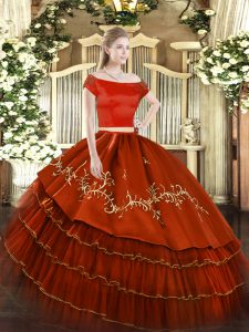 Fantastic Rust Red Quince Ball Gowns Military Ball and Sweet 16 and Quinceanera with Embroidery and Ruffled Layers Off The Shoulder Short Sleeves Zipper