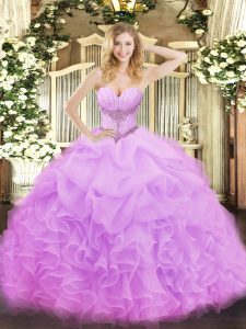 Vintage Lilac Organza Lace Up Quinceanera Dresses Sleeveless Floor Length Beading and Ruffles and Pick Ups