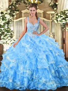 Cute Straps Sleeveless Lace Up Vestidos de Quinceanera Baby Blue Organza