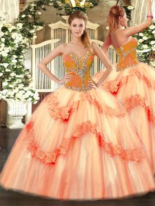 Beading Quinceanera Dresses Peach Lace Up Sleeveless Floor Length