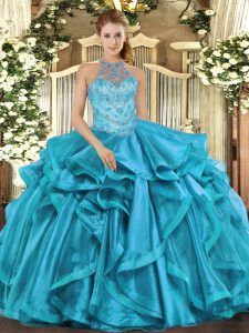 Eye-catching Floor Length Teal Quinceanera Dress Organza Sleeveless Beading