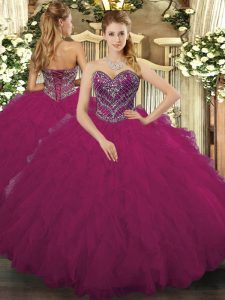 Smart Fuchsia Lace Up 15th Birthday Dress Beading and Ruffled Layers Sleeveless Floor Length