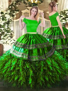 Floor Length Green Quinceanera Gowns Organza and Taffeta Short Sleeves Embroidery and Ruffles