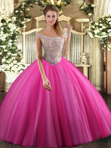 Ball Gowns Vestidos de Quinceanera Hot Pink Off The Shoulder Tulle Sleeveless Floor Length Lace Up