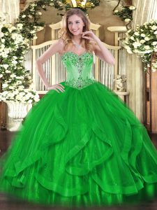 Perfect Green Lace Up Sweetheart Beading and Ruffles Quince Ball Gowns Tulle Sleeveless