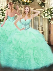 Romantic Apple Green Lace Up Sweetheart Beading and Ruffles and Pick Ups Quince Ball Gowns Organza Sleeveless