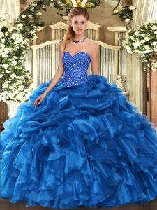 Blue Ball Gowns Sweetheart Sleeveless Organza Floor Length Lace Up Beading and Ruffles and Pick Ups 15 Quinceanera Dress