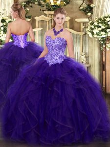 Sweetheart Sleeveless Organza 15 Quinceanera Dress Appliques and Ruffles Lace Up