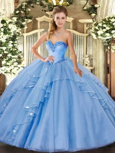 Amazing Sleeveless Tulle Floor Length Lace Up Sweet 16 Dress in Blue with Beading and Ruffles