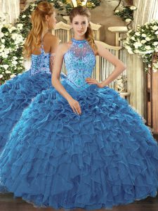 Floor Length Teal Quinceanera Gowns Organza Sleeveless Beading and Ruffles