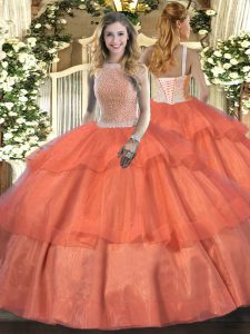 Sleeveless Tulle Floor Length Lace Up Sweet 16 Dress in Orange Red with Beading and Ruffled Layers