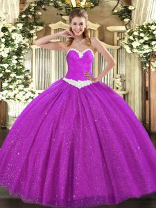 Fuchsia Sweetheart Lace Up Appliques Sweet 16 Dresses Sleeveless