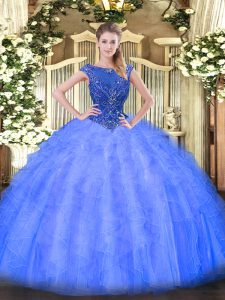 Stunning Tulle Sleeveless Floor Length 15th Birthday Dress and Beading and Ruffles