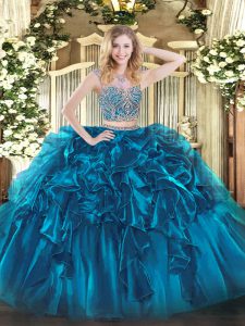 Blue Sleeveless Beading and Ruffles Floor Length Quinceanera Gowns