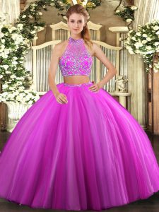 Fuchsia Halter Top Neckline Beading Quince Ball Gowns Sleeveless Criss Cross