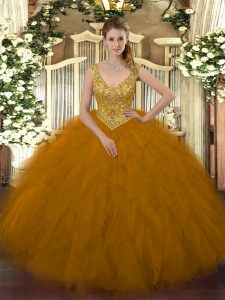 Delicate Brown Quinceanera Dress Military Ball and Sweet 16 and Quinceanera with Beading and Ruffles V-neck Sleeveless Zipper