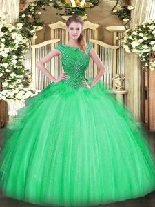 Apple Green Tulle Zipper Scoop Sleeveless Floor Length Vestidos de Quinceanera Beading and Ruffles