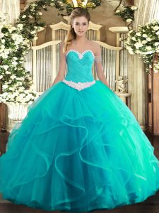 Pretty Turquoise Sweetheart Lace Up Appliques and Ruffles Sweet 16 Dresses Sleeveless