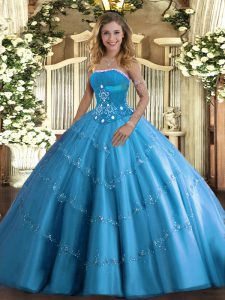 Simple Baby Blue Lace Up Sweet 16 Dresses Beading and Appliques Sleeveless Floor Length