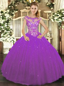 Eggplant Purple Scoop Lace Up Beading and Appliques Sweet 16 Dress Sleeveless
