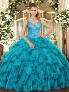 Beauteous Teal Ball Gowns V-neck Sleeveless Organza Floor Length Lace Up Beading and Ruffles Quinceanera Gown
