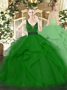 Sleeveless Tulle Floor Length Zipper Quinceanera Dresses in Dark Green with Beading and Ruffles