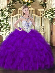 Deluxe Purple Zipper Scoop Beading and Ruffles Sweet 16 Dresses Tulle Sleeveless