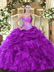 Inexpensive Eggplant Purple Organza Lace Up Quinceanera Gown Sleeveless Floor Length Beading and Ruffles and Pick Ups