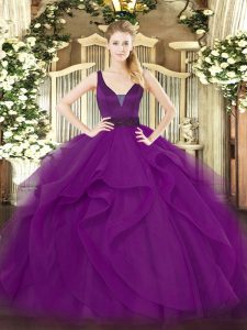 Sleeveless Tulle Floor Length Zipper 15th Birthday Dress in Purple with Beading and Ruffles