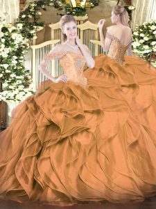 Edgy Ball Gowns Vestidos de Quinceanera Brown Off The Shoulder Organza Sleeveless Floor Length Lace Up