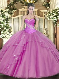 Edgy Lilac Ball Gowns Beading 15th Birthday Dress Lace Up Tulle Sleeveless Floor Length